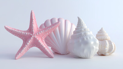 Wall Mural - 3d rendering of a starfish, conch shell, and seashell isolated on a white background,. Seashell. Illustration
