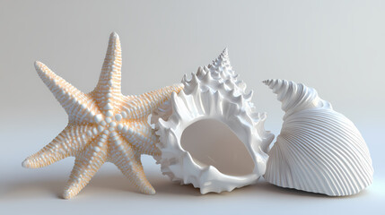Wall Mural - 3d rendering of a starfish, conch shell, and seashell isolated on a white background,. Seashell. Illustration