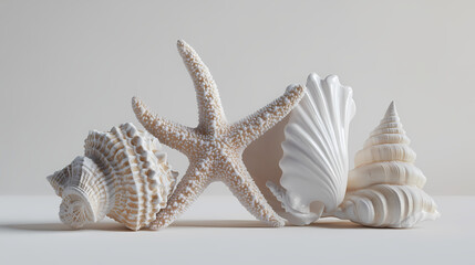 Wall Mural - 3d rendering of a starfish, conch shell, and seashell isolated on a white background,. Seashell. Illustration
