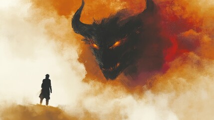 Wall Mural - warlock evokes the fire beast deity, a majestic horned devil with gleaming eyes, in the ancient vall