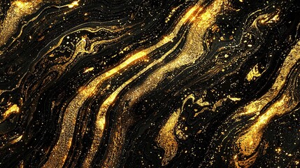 Wall Mural -   Close-up of black & gold wallpaper with wavy line pattern & glitter