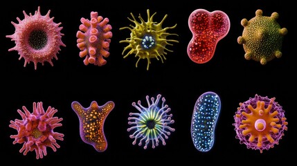 Fototapete - Evolving bacteria showcase illustrating diverse shapes and colors in a scientific exploration of microbial life. Generative AI