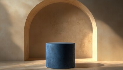 Poster - Mockup Template Featuring A Blue Cylinder Podium Against A Beige Landscape Arch Backdrop In A Rendered Image.