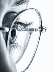 Poster - Close up view of a human eye with glasses showcasing intricate details and reflections in calm lighting. Generative AI
