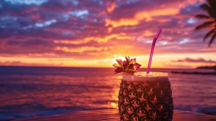 Aufkleber - Pineapple drink on a tropical beach during a vibrant sunset over the ocean. Generative AI