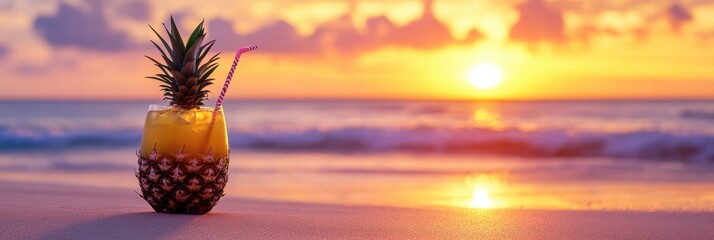 Aufkleber - Enjoying a tropical pineapple drink during a beautiful sunset on the beach with ocean waves in the background. Generative AI