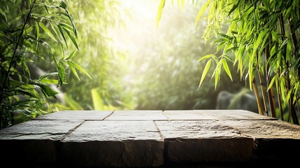 Stone table in a lush bamboo forest bathed in sunlight.