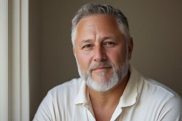 Wall Mural - Middle-aged man with beard smiles warmly at the camera in a well-lit indoor space during daytime