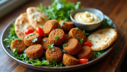 Wall Mural - The image shows a plate of food on a wooden table. The plate is round and has a dark brown color. On the plate, there are several round, golden-brown falafel balls arranged in a circular pattern.