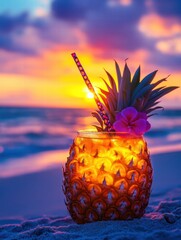 Poster - Refreshing tropical drink served in a carved pineapple at sunset on a beach with gentle waves and colorful sky. Generative AI