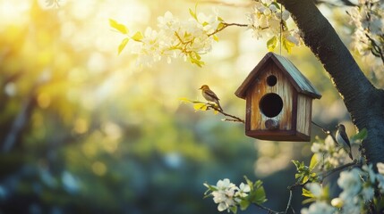 Aufkleber - Wooden birdhouse hangs on tree branch with small birds perched on nearby twigs during sunny spring day. Generative AI