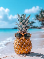 Poster - Cheerful pineapple enjoying a sunny beach day while wearing stylish sunglasses. Generative AI