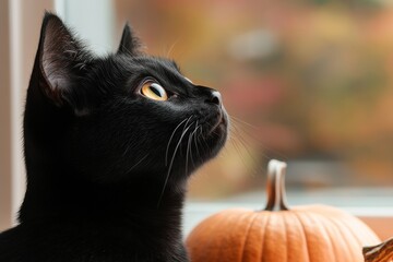 Wall Mural - Black cat gazes thoughtfully at autumn scenery by a pumpkin on a cozy windowsill