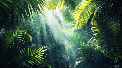 Wall Mural - Lush Tropical Rainforest: Sunlight Filtering Through Dense Palm Fronds