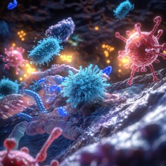 Fototapete - Molecular interactions showcasing colorful microbes in a vibrant microbiome environment. Generative AI