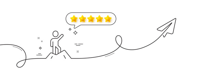 Poster - Leadership line icon. Continuous line with share plane. Person raised his hand sign. Business skill symbol. Five star rate review in speech bubble. Leadership single line ribbon. Vector