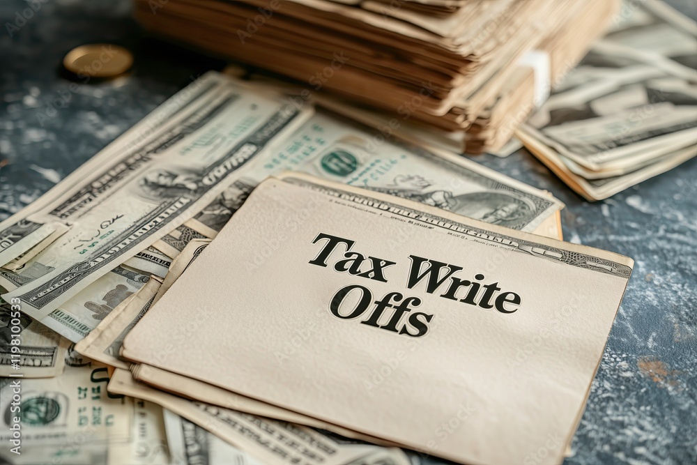 Write Off Background Tax write-offs folder with cash and documents on table Stock ...