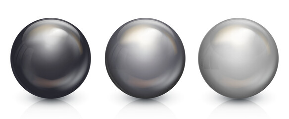 silver and black glass balls set. realistic 3d orb with glares and highlights for decoration. jewelr