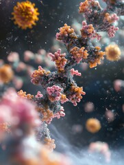 Fototapete - Close up of molecular RNA chain with surrounding viruses in a microscopic environment showcasing biological interactions. Generative AI