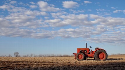 Aufkleber - Red tractor working on a plowed field under a blue sky with clouds during daytime in rural farmland. Generative AI