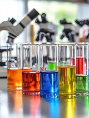 Leinwandbilder - Laboratory with colorful test tubes and microscopes set up for scientific research and experimentation. Generative AI