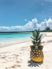Poster - Cheerful pineapple wearing sunglasses enjoys a sunny day on a beautiful tropical beach. Generative AI