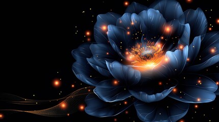 Poster - A stunning blue flower blooms radiantly, emanating bursts of glowing light amidst a dark backdrop. Its intricate petals and glowing center create an enchanting atmosphere.
