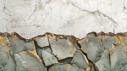 Poster - A textured stone surface displays cracks and rugged edges, contrasting with a smooth marble layer above. The colors range from earthy greys to subtle golds. This creates an intriguing visual effect.