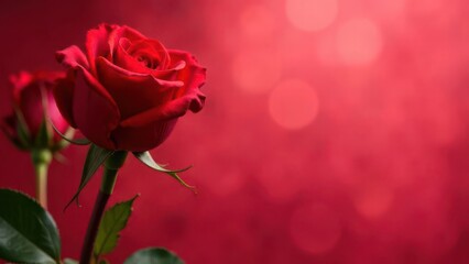 Poster - A vibrant red rose stands out with its layers of petals, surrounded by lush green leaves. The blurred background features various shades of red, creating an elegant and romantic atmosphere. Copy space