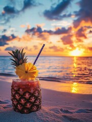 Poster - Refreshing tropical drink served in a pineapple at sunset on a serene beach with colorful clouds. Generative AI