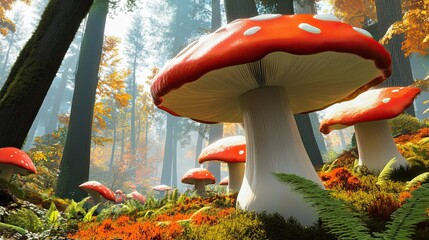 Poster - Enchanting Forest With Vibrant Mushrooms Illuminated by Soft Autumn Light