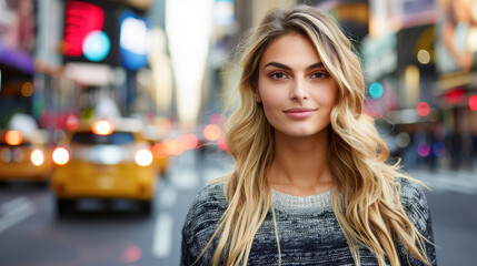 Wall Mural - A stunning young woman stands by a busy city street, her blonde hair glowing and a cozy sweater draped stylishly over her shoulders.