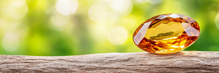 Poster - Magnificent Citrine Gemstone Sparkling on a Wooden Surface Under Soft Natural Light