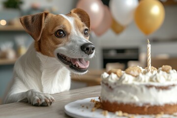 Wall Mural - Dog eagerly anticipates delicious cake at a festive celebration in a cozy indoor setting