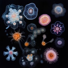 Aufkleber - Sequence of evolving bacteria showcasing diverse forms and structures under microscope. Generative AI