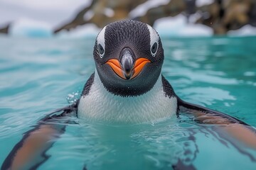 Wall Mural - a charming gentoo penguin stands confidently in crystalline water, showcasing its distinctive featur