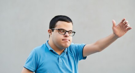 Wall Mural - Man with glasses is waving his hand