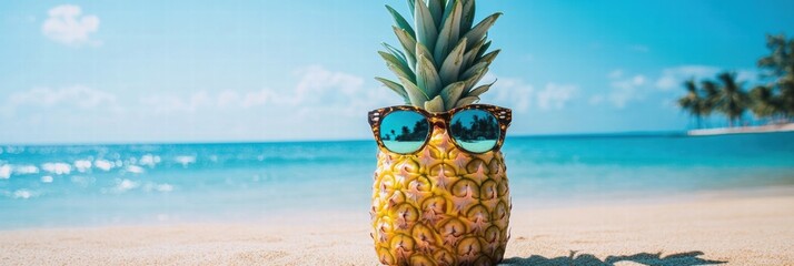 Poster - Cheerful pineapple wearing sunglasses enjoys a sunny day at the beach with bright blue ocean in the background. Generative AI