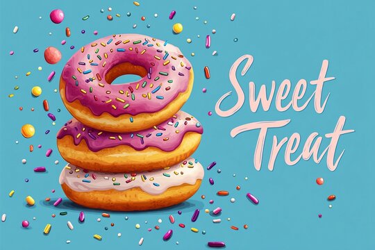 Playful flat design of stacked donuts with colorful icing and sprinkles on a bright blue background