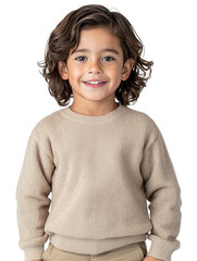 Wall Mural - Young boy with brown hair is wearing a tan sweater and smiling