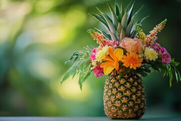 Poster - Creative flower arrangement inside a pineapple showcasing vibrant blooms in a natural setting during daytime. Generative AI