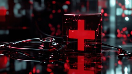 Fototapete - Symbol of healthcare featuring a red cross paired with a stethoscope in an abstract medical design illuminated with technology. Generative AI