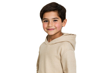 Wall Mural - Young boy is wearing a tan hoodie and smiling