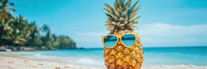 Aufkleber - Cheerful pineapple wearing sunglasses enjoys sunny day on beach with vibrant tropical scenery and calming ocean backdrop. Generative AI