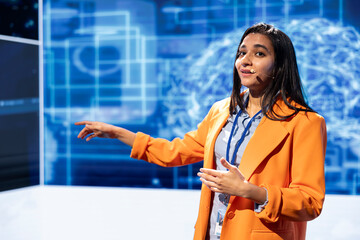 Poster - Speaker talking with world leading technology specialists and innovators meeting at event to do deep dive into artificial intelligence technology. Professional showcasing latest innovations in AI