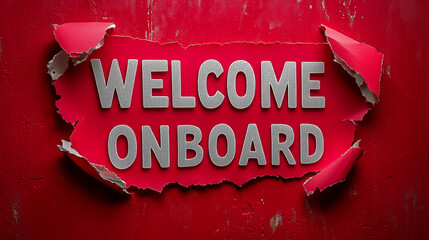 Leinwandbilder - Torn paper with welcome onboard text on red background emphasizing greeting and introduction