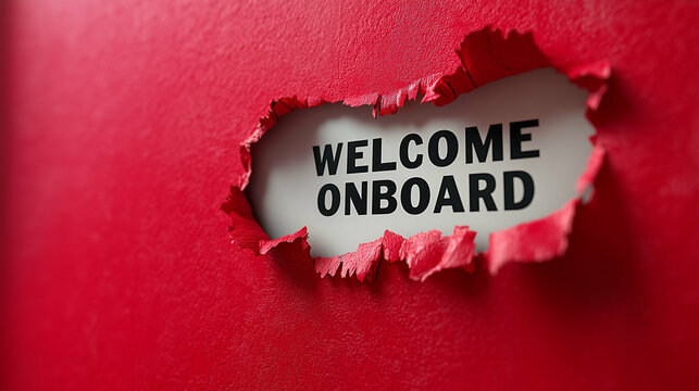 torn paper with welcome onboard text on red background for mockup design