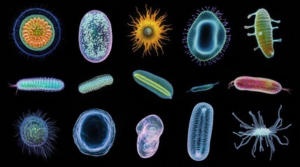 Aufkleber - Sequence of evolving bacteria showcasing diverse forms and structures in vibrant detail across various stages and types. Generative AI
