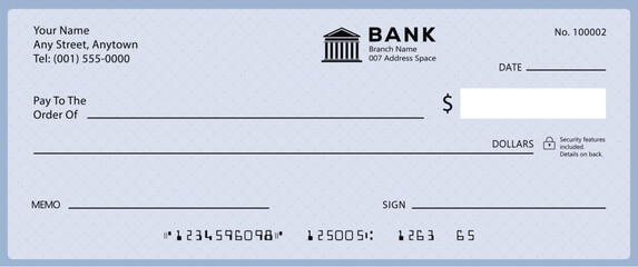 Wall Mural - bank check, vector blank money cheque, checkbook template with guilloche pattern and fields. currenc