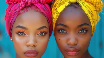 Wall Mural - Close-up Portrait of Two Women with Colorful Headwraps and Vibrant Makeup Highlighting Cultural Fashion and Personal Expression in Striking Photographic Detail